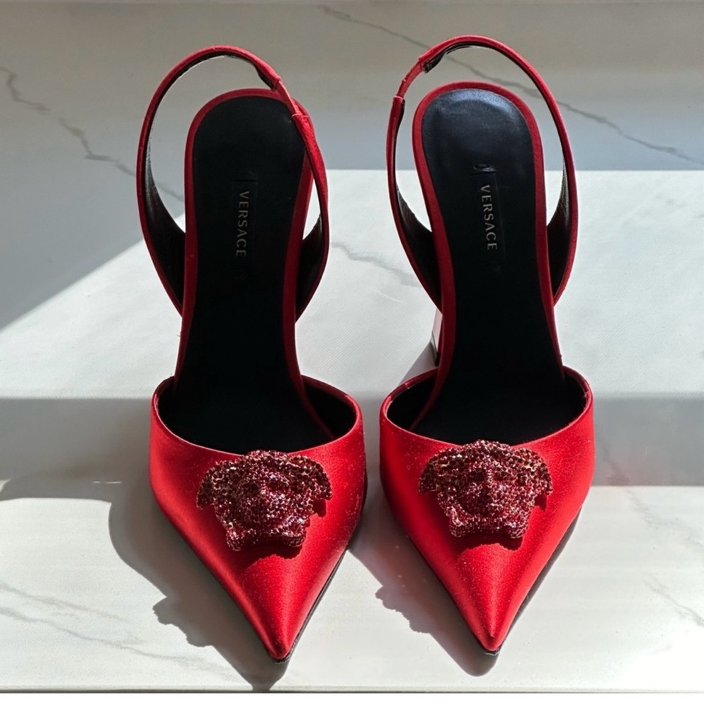 Versace Red Satin Heels with Embellished Detail
